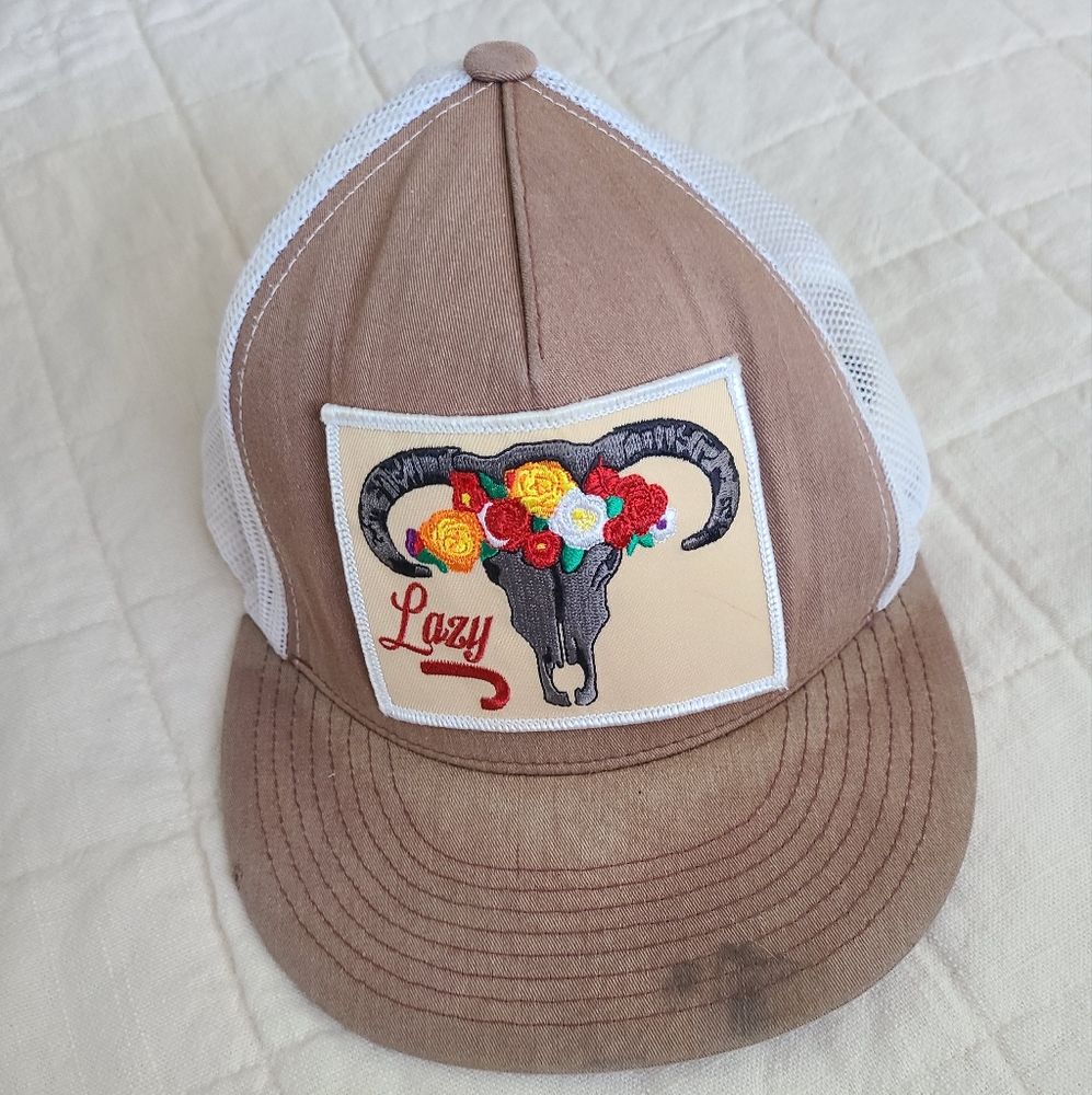 Lazy J Ranch Brown & White Skull & Flowers Classic Five Panel Trucker Hat